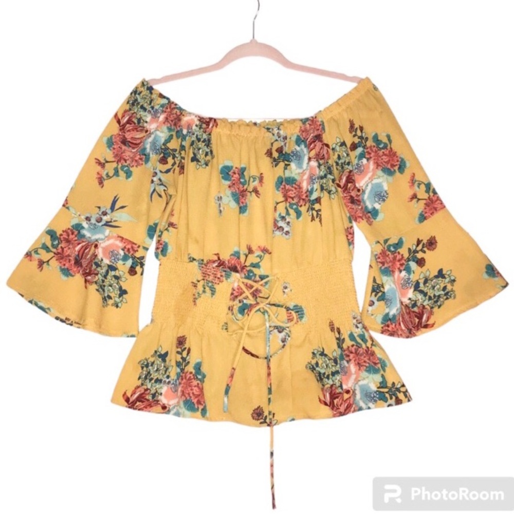 Yellow Off the Shoulders Floral Blouse Bell Sleeves Ruched Tie Waist Large